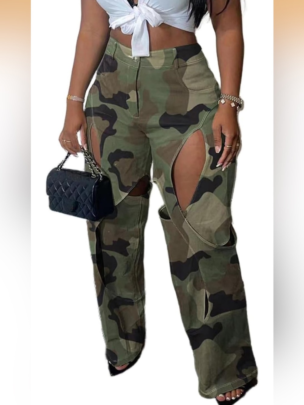 Camo Cutout Wide-Leg Pants - Green Camo